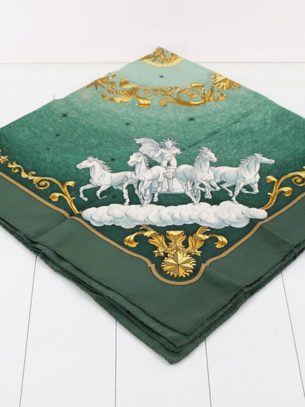 Hermes Green and Gold Chariot Horse Silk Scarf